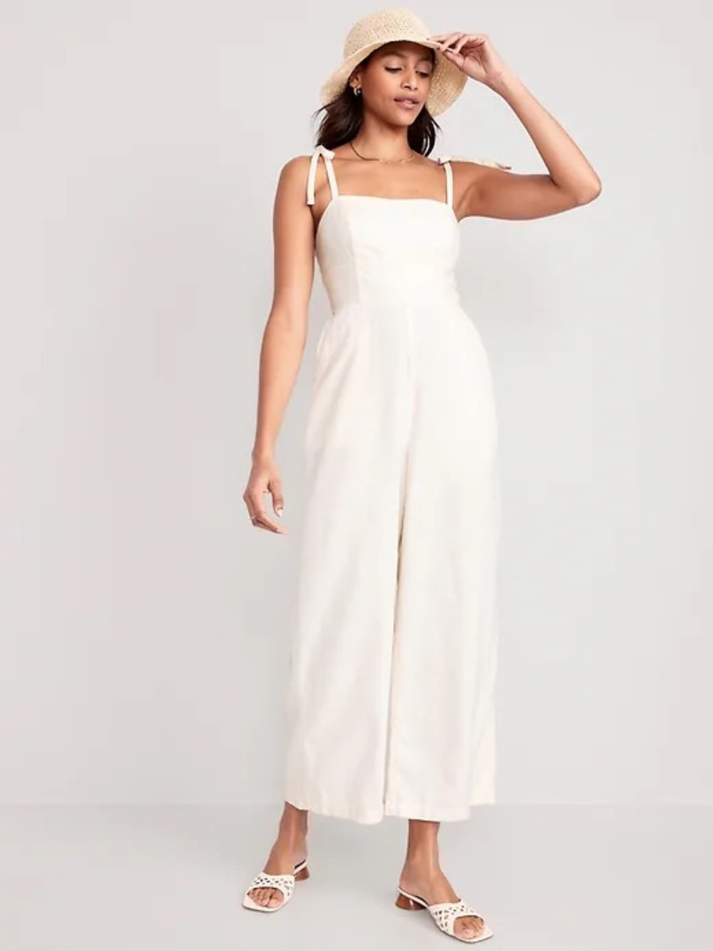 Old Navy Linen Blend Tie-Shoulder Corset Cami Wide Cropped Leg Jumpsuit Cream M